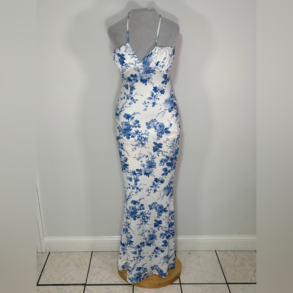 Parthea Women’s Spaghetti Strap Sexy Maxi Dress Bodycon Floral Blue White Size M